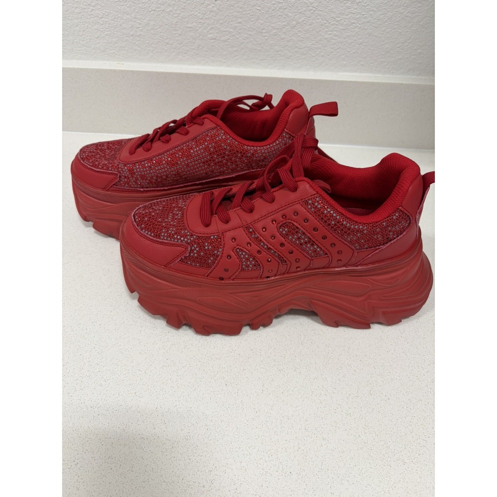 Lucky Step Womens Size 10 Red Sparkle Chunky Platform Sneakers Shoes